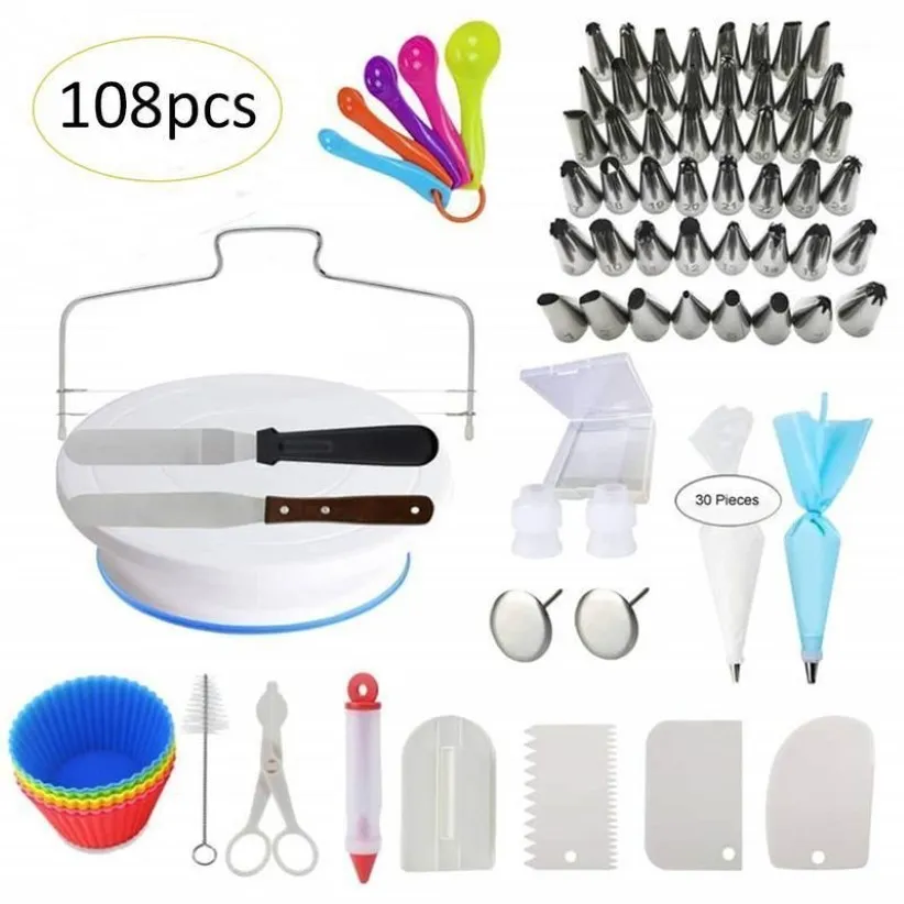 108 Piece Cake Decorating Supplies Turntable Piping Tip Munstycks baksida Set Diy Cake Baking Tool1256T