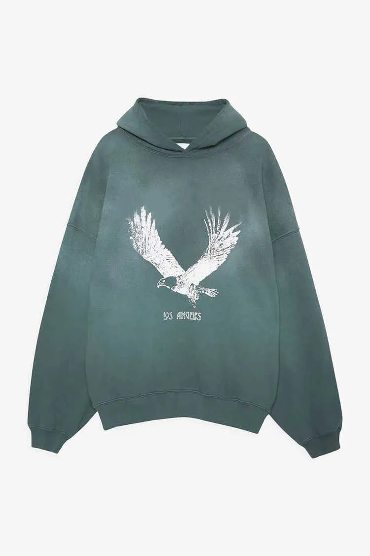 Women Designer Washed Hoodie Green Spray Fried Eagle Print Fleece Worn Hooded Sweater Pullover Sweatshirts