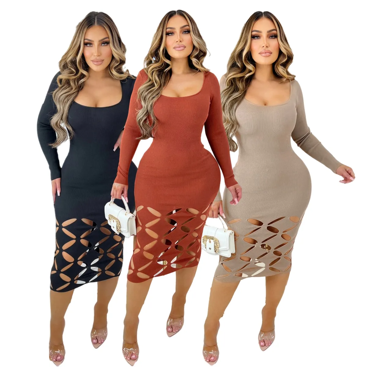 Design Hallow Out Dresses Women Sexig Scoop Neck Long Sleeve Bodycon Dress Free Ship