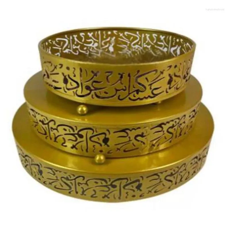 Vaisselle jetable 1 ensemble 3 pièces assiettes de Service de fête musulmane de l'aïd plateaux ronds en fer fournitures de vacances (doré)
