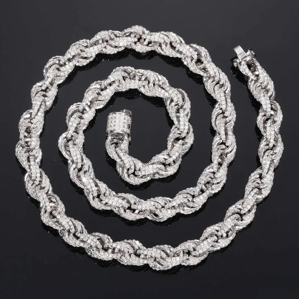 8mm Fully Iced Out Rope Chain Necklace Spring Clasp Link Chain Bracelet 925 Sterling Silver and Vvs Moissanite
