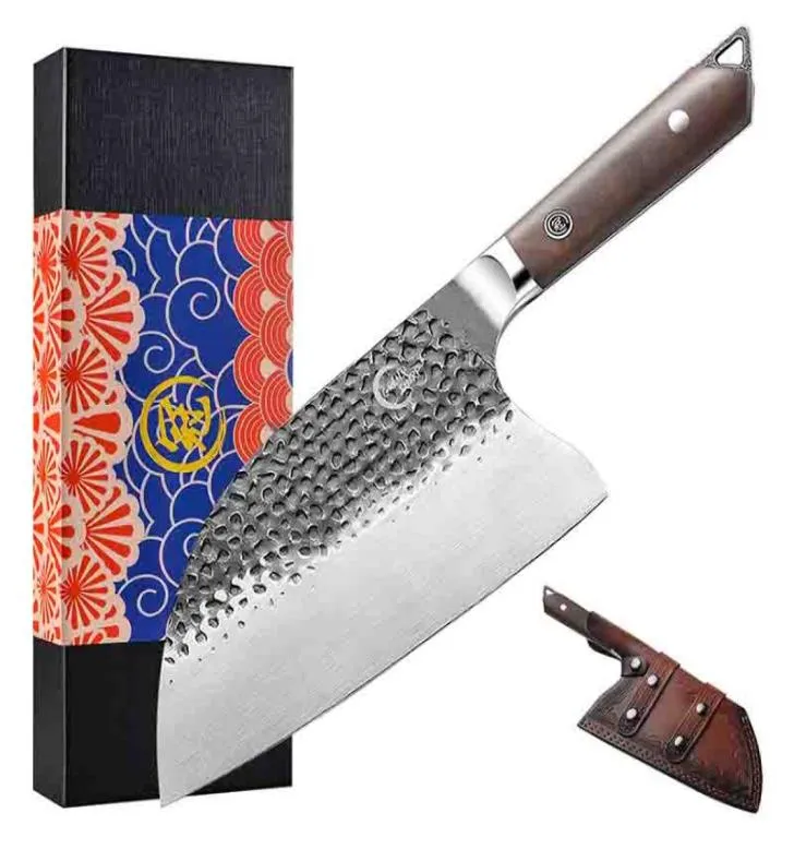 Kinesisk klyvkniv hand smidd 5CR15MOV Rostfritt stål Bladkock Kök Knivar Läder Scabbard Camping BBQ Matlagning Hoppning3194051