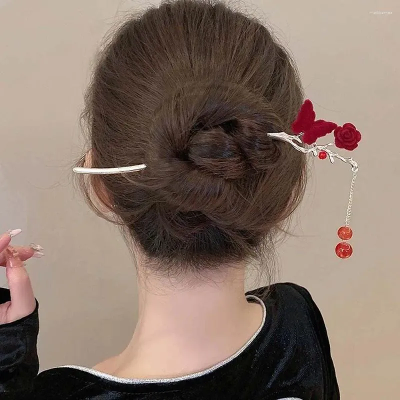 Hårklipp flockade fjäril Rose Stick Chopsticks Pinnar för bullar Hanfu hårnål Handgjorda smycken ornament