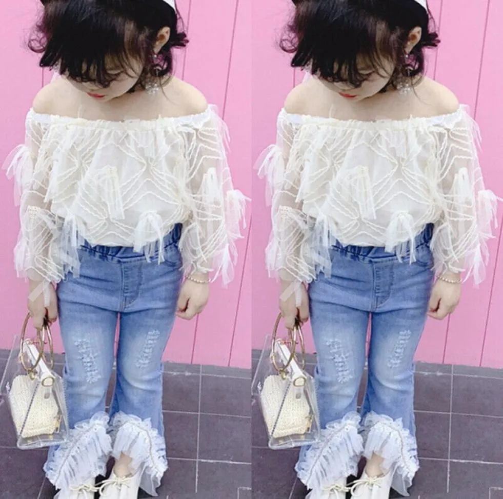 Toddler Kids Clothes Set Baby Girl Lace Off Shoulder T Shirt Tops Destroyed Ripped Jeans Flare Pants Children Outfits 2Pcs 2301524