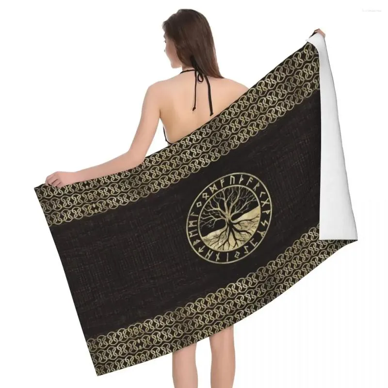 Serviette de bain de plage en microfibre à séchage rapide personnalisée, absorbante Yggdrasil et Runes sur Texture en bois, serviettes de salle de bain pour piscine