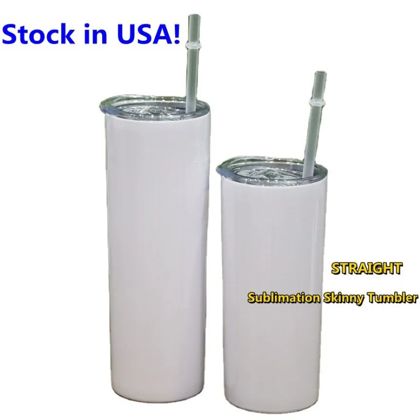 USA Stock Sublimazione Bicchieri skinny DRITTI da 15 once con coperchio in plastica Cannuccia Vuoto isolato a doppia parete in acciaio inossidabile W2488