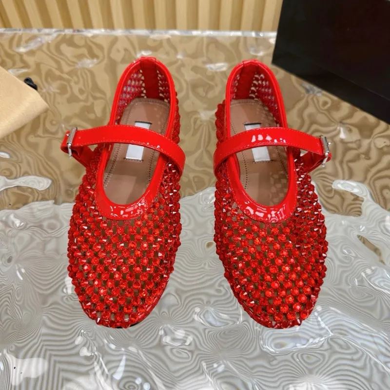 2024 Modna pokaz Fishnet i Strass Balet Full Diamond Flats for Women Designer Dress Buty bez poślizgu gumowe płaskie Mary Oryginalne skórzane buty jane