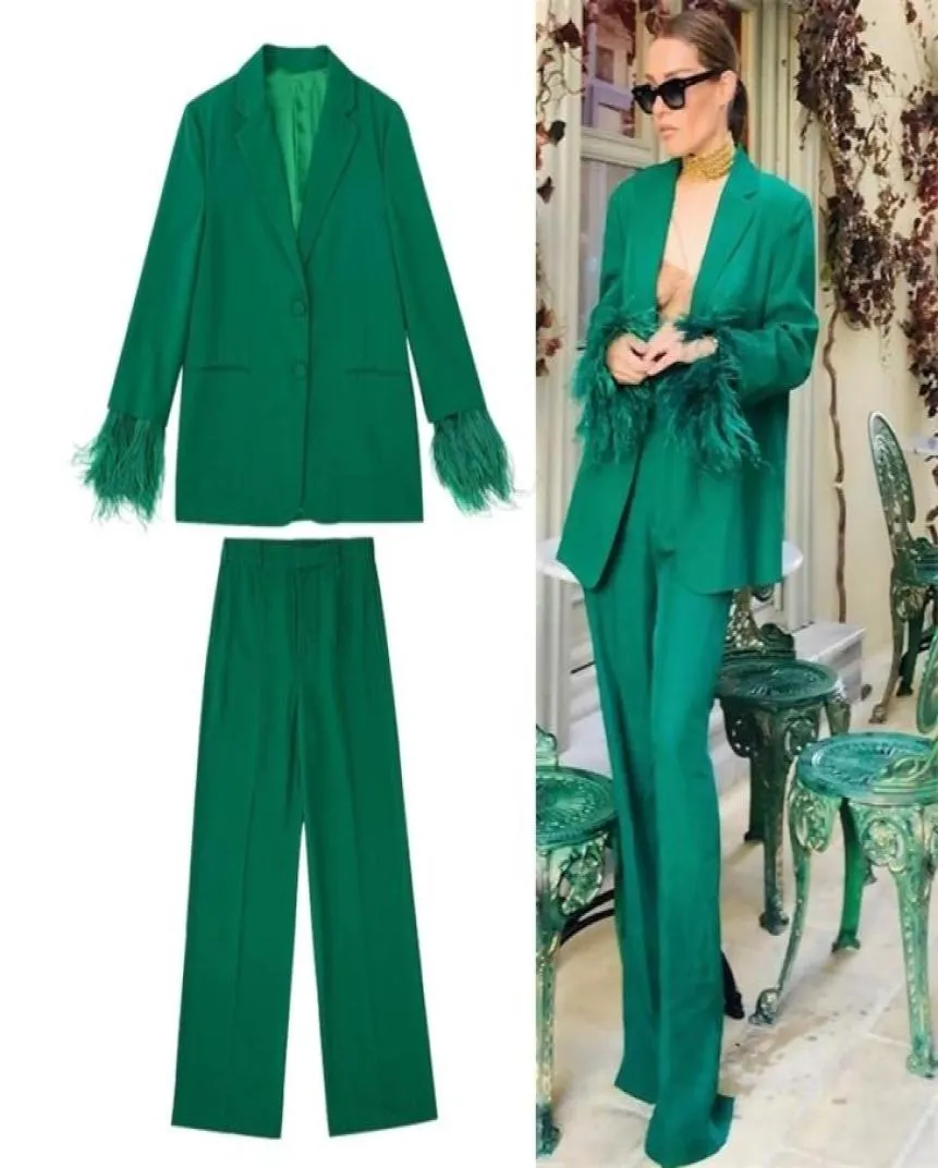 Kvinnor Tvåbitar byxor Fashion Feather 2 Set kostymer Fall Elegant Green Blazer Formell Chic Office Women kostym 2 2209067801319