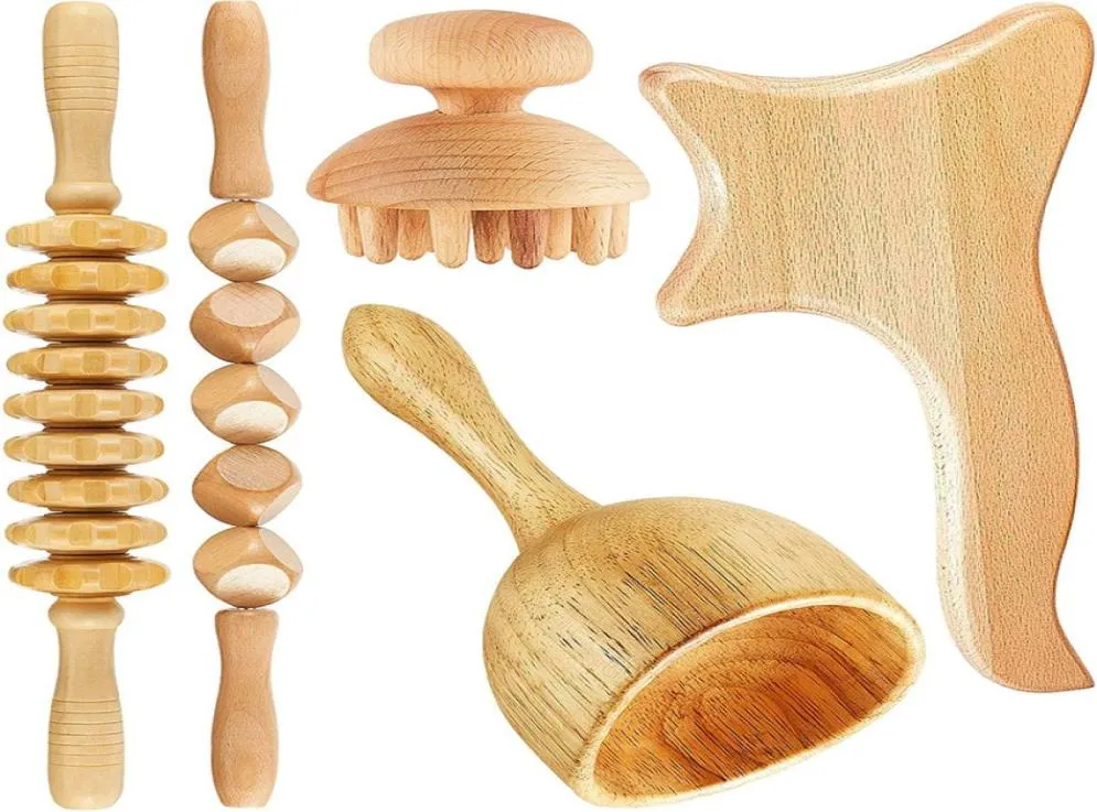 5pcs Wood Therapy Massage Tool Lymphatic Drainage r Anti Cellulite Fascia Roller for Full Body Muscle Pain Relief 2203189481811