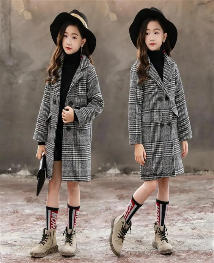 Meninas casaco outono inverno coreano grande crianças039s casaco de lã bolso versão cinza xadrez houndstooth outerwear roupas lj201125 85811745