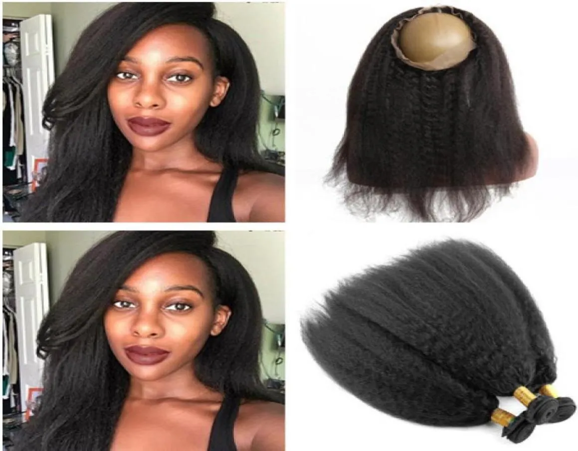 粗いYaki Mongolian Human Hair Weave Bundles 3PCS 3PCS 360フルレース閉鎖225x4x2 360レースFR96384697付きキンキーストレートヘアウェフト