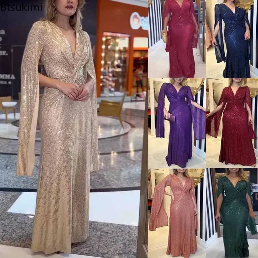 Robe 2024 femmes élégantes torsion noeud taille paillettes robe mince robe Maxi femme col en V manches fendues Club soirée robe de Gala robes