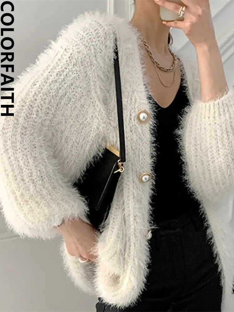 Tröjor ColorFaith New 2022 Elegant Lady Mohair Cardigans Weed Fashionabla överdimensionerade Knitwear Women's Autumn Winter Sweaters SWC3379