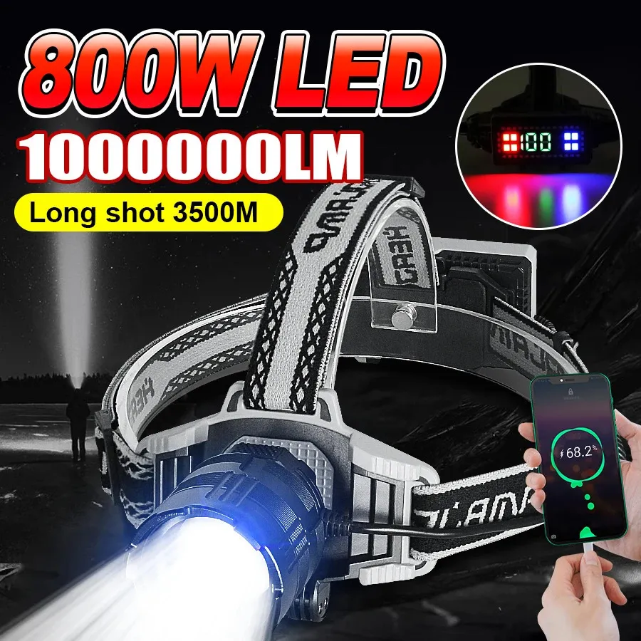 1000000 lm Mocny reflektor LED LED 800 W światła USB ładowarka Latka na głowę o wysokiej mocy lampy na głowę rybacka 240227