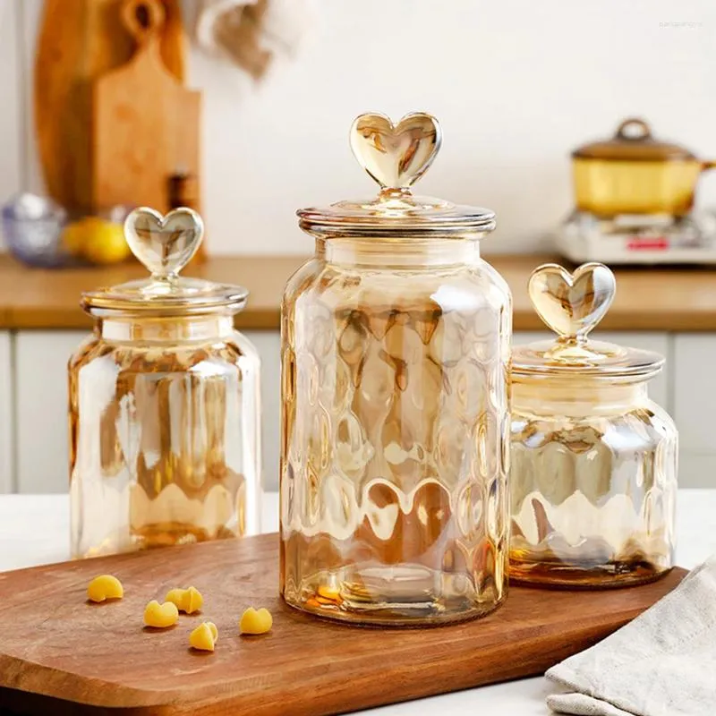 Storage Bottles Transparent Heart Shaped Lid Glass Container Amber Sealed Jars Coffee Bean Kitchen Food Containers