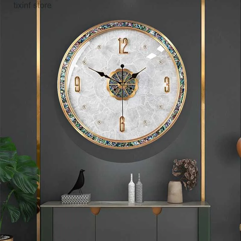 Wall Clocks Brass Wall Clock Watch Abalone Shell Modern luxury Home Living Room Corner Copper Silent Clocks Interior Art Design Decorations T240309