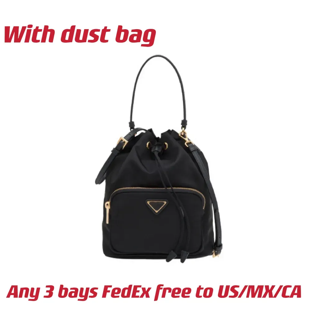 Duet Re-Nylon Shoulder Bag Lady Designer Black Vintage Bucket Bags Enameled Metal Triangle Logo On The Zipper Pocket Drawstring Cl287E