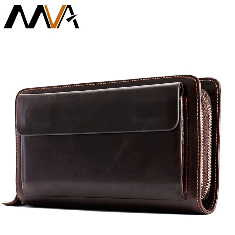 MVA Heren Clutch Mannelijke Portemonnee Heren Echt Leer Dubbele Rits Clutch Bags Portemonnee Voor Mannen Paspoort Telefoon Wallets250o