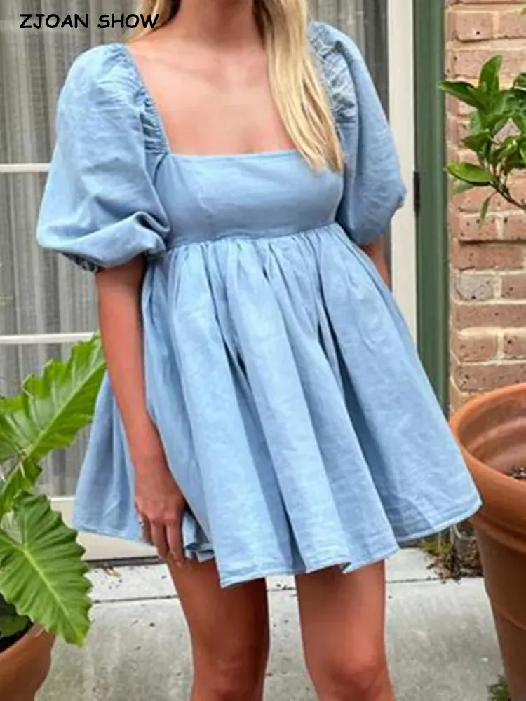 Klänning 2022 Princess Blue Cotton Ball Gown Dress Puff Sleeve Retro Women Ruched Pleated Midje Hem Mini Party Fairy Sweet Summer