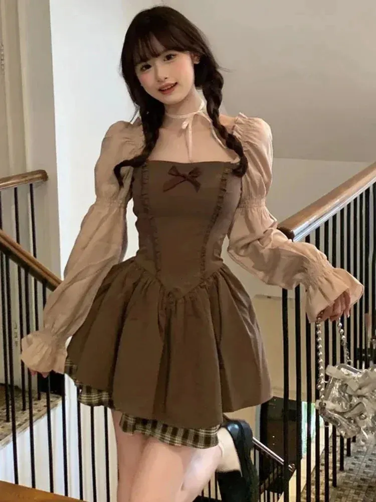 Deeptown Kawaii Style Koreański Brown Mini Lolita Sukienka Kobiety Śliczne bajki Vintage Long Rękaw Suknie wieczorowe 240228