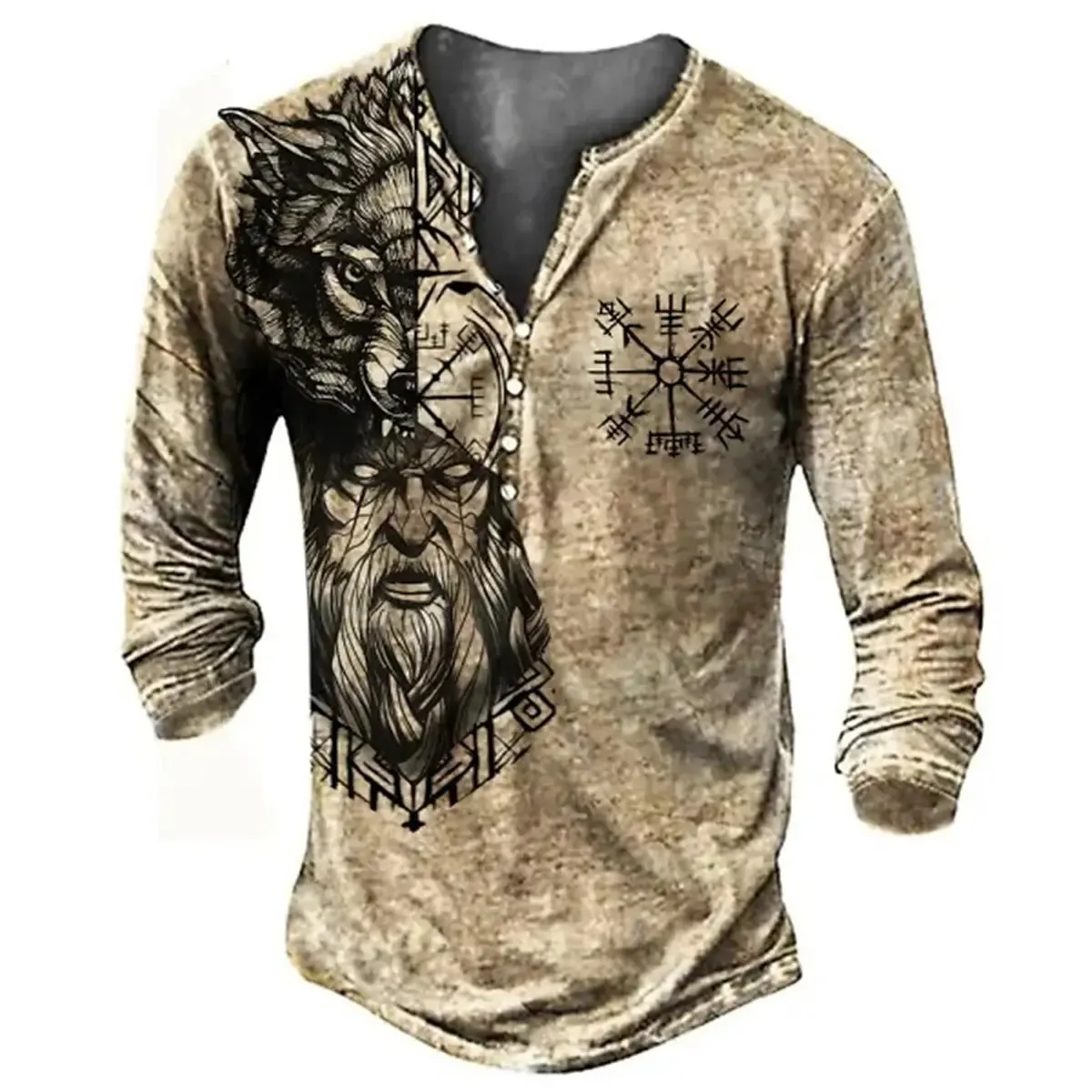 T-shirt Vintage en coton pour hommes, t-shirt graphique, impression 3D, manches longues, bouton Henley, surdimensionné, vêtements masculins, 240226