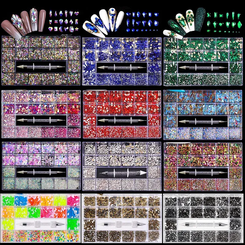 Florvida Nail Art Flat Ab Rhinestonesアクリル21グリッド空の容器混合豪華なネイルチャームカワイイクリスタル3D装飾240307