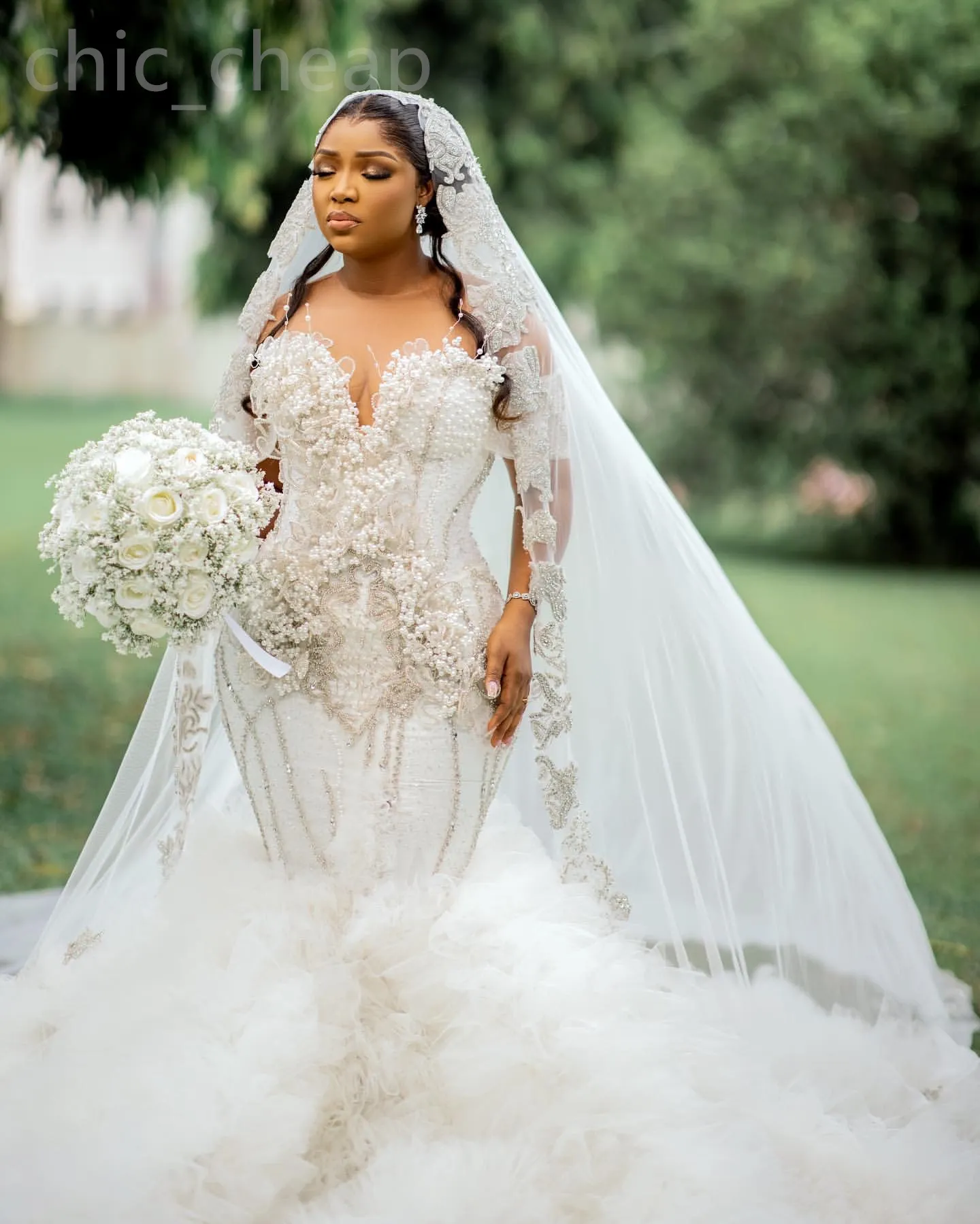 2024 Arabic Aso Ebi Plus Size Ivory Lace Mermaid Wedding Dress Pearls Flowers Tiers Bridal Gowns Dresses ZJ201