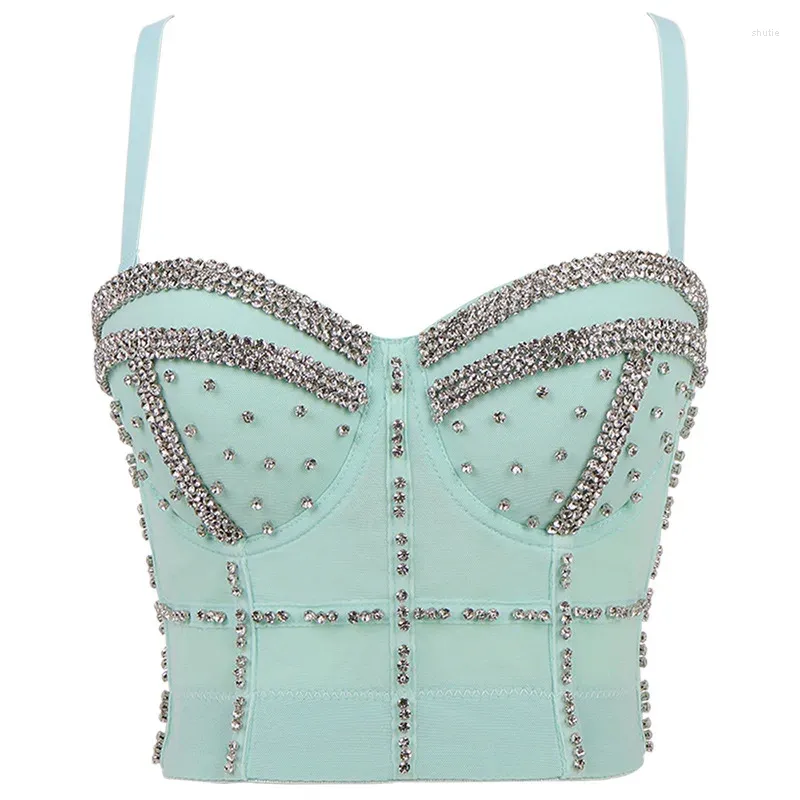 Tanques femininos mulheres camisola sutiã brilhante strass colheita top acolchoado espartilho bustier festa clubwear diamante sexy tanque sem costas