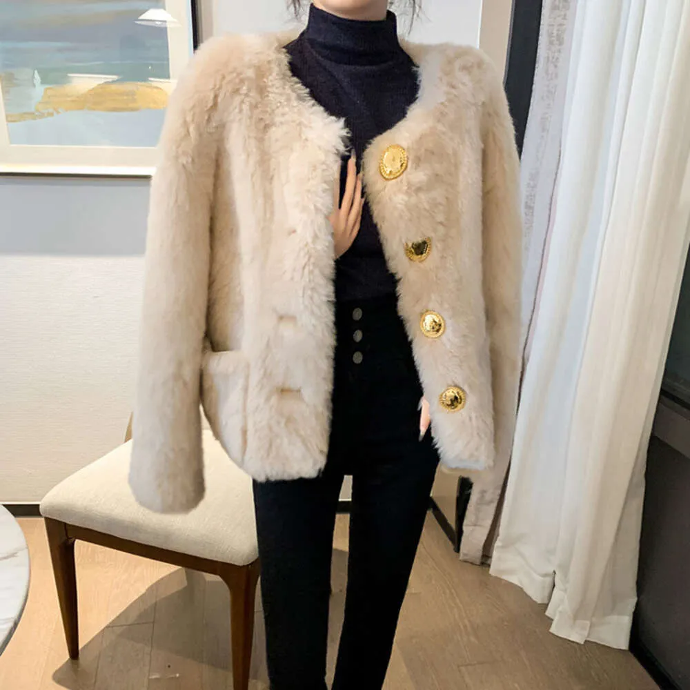 Big Gold Button Round Neck All Tuscany Composite And Wool Integrated Women's Fur Sheep Cut Fleece Coat 2023 Winter New 923380