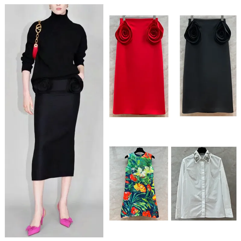 Womens Basic And Casual Dresses Valen Skirt And White Shirt Floral Print Sexy Dress Big Flower Stitched Red Black Skirt