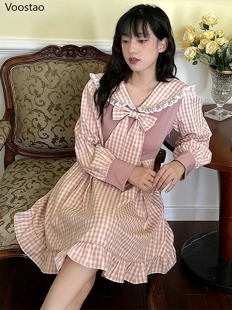 Robe douce Lolita col marin à manches longues robes avec nœud femmes mode coréenne rose Plaid taille haute robe été doux ALine robes
