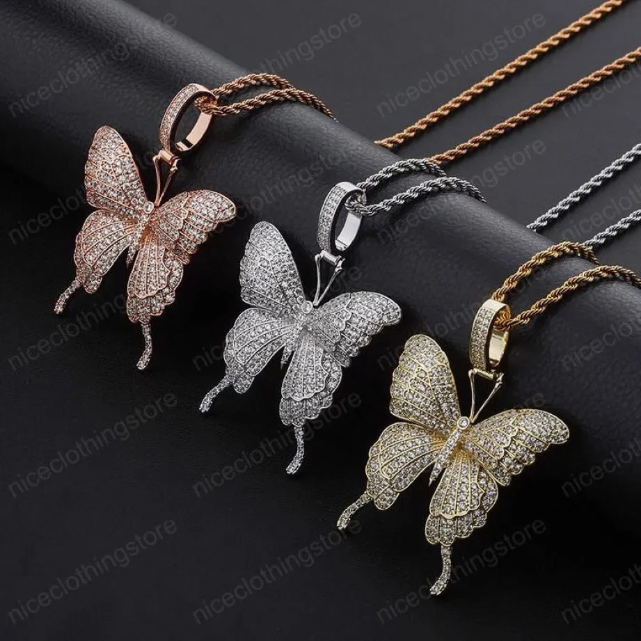 Hoge Kwaliteit Hip Hop Ketting Vergulde Bling CZ Vlinder Hanger Ketting voor Mannen Sieraden Gift188G