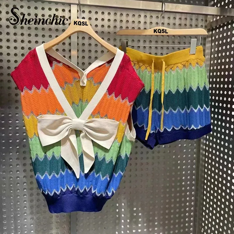 Set Vintage Rainbow Striped Sticked Set för kvinnor 2022 Summer Luxury Designer Knit Top+Shorts Two Piece Outfits