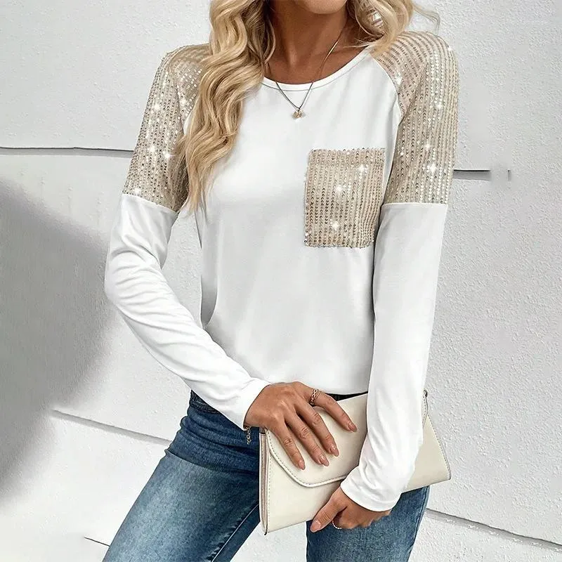 Women's T Shirts 2024 Sequin Patchwork Long Sleeved Tops With Pocket Pullover O Neck Loose Casual Spring Autumn Tee NASY0015