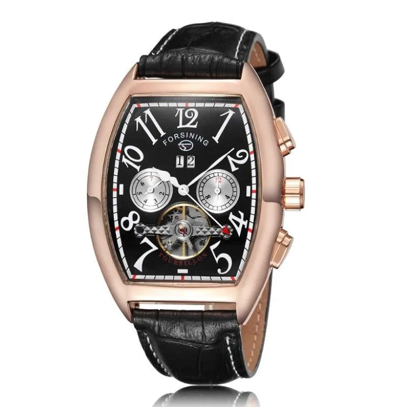 Montre mécanique squelette carré en or Rose pour hommes, bracelet en cuir à remontage automatique, montre-bracelet masculine Relogio Masculino, montres-bracelets273v