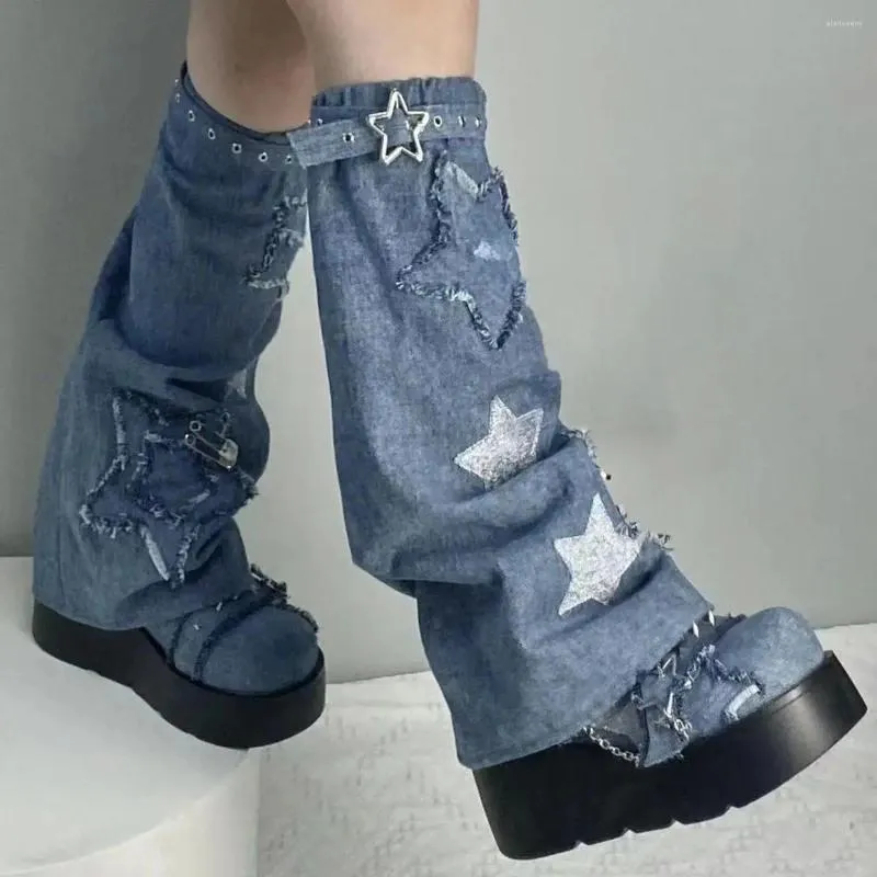 Kvinnors strumpor y2k benvärmare kryddig flickor broderi stjärna denim täcker lolita lång tunn flare kalvkärrar startmanschett