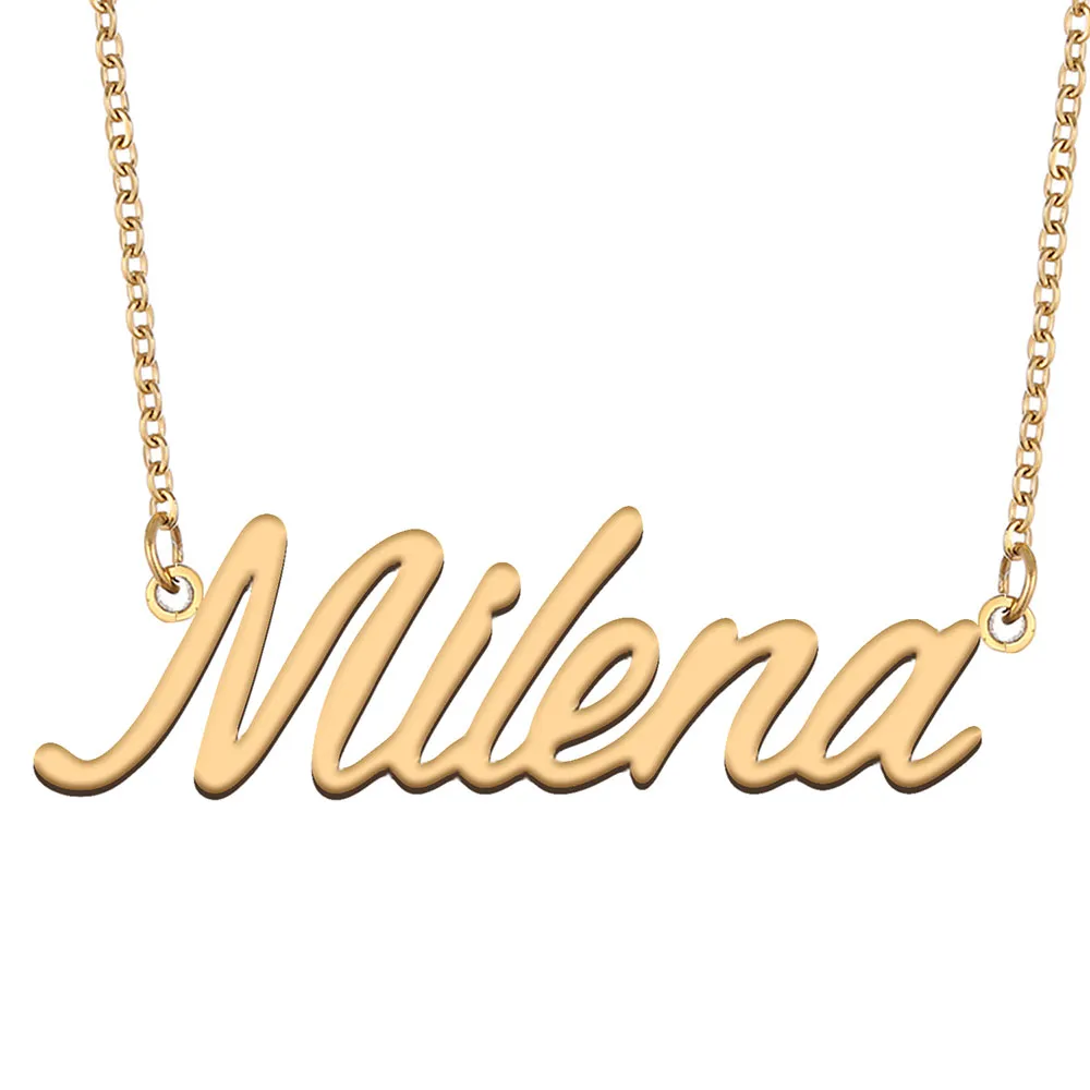 Milena-Namensketten-Anhänger, individuell personalisiert, für Frauen, Mädchen, Kinder, beste Freunde, Mütter, Geschenke, 18 Karat vergoldeter Edelstahl