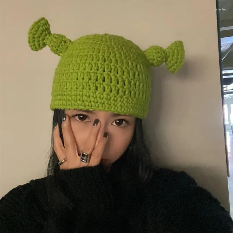 Berets Funny Hat Monster Shrek Green Hats Female Winter Knitted Cap Cute Head Cover Wool Caps Beanie Gorro