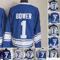 Movie CCM Vintage Ice Hockey 1 Johnny Bower Jerseys 7 Tim Horton Men Embroidery Jersey White Blue Green shirt