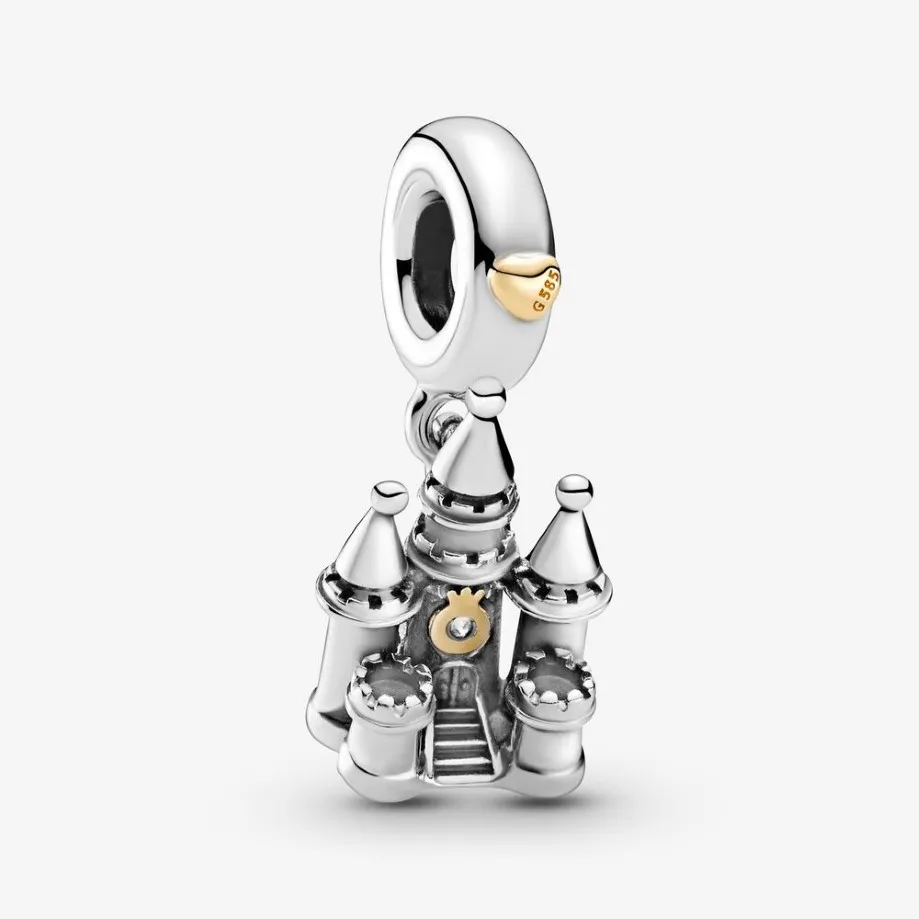Nuovo arrivo 100% argento sterling 925 bicolore castello ciondola fascino adatto braccialetto europeo originale gioielli di moda accessori276F