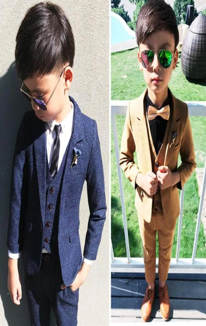 2021 Newkids pojkar kostymer för bröllop Vest Blazers Long Pants 3st Cotton Formal Party Baby Outerwear Children Cloths Coats Blue F6180127