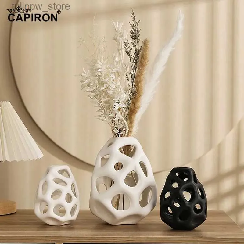 Vases CAPIRON évider Vase en céramique blanc noir nordique ical esthétique bureau maison salon décoration intérieure accessoires L240309