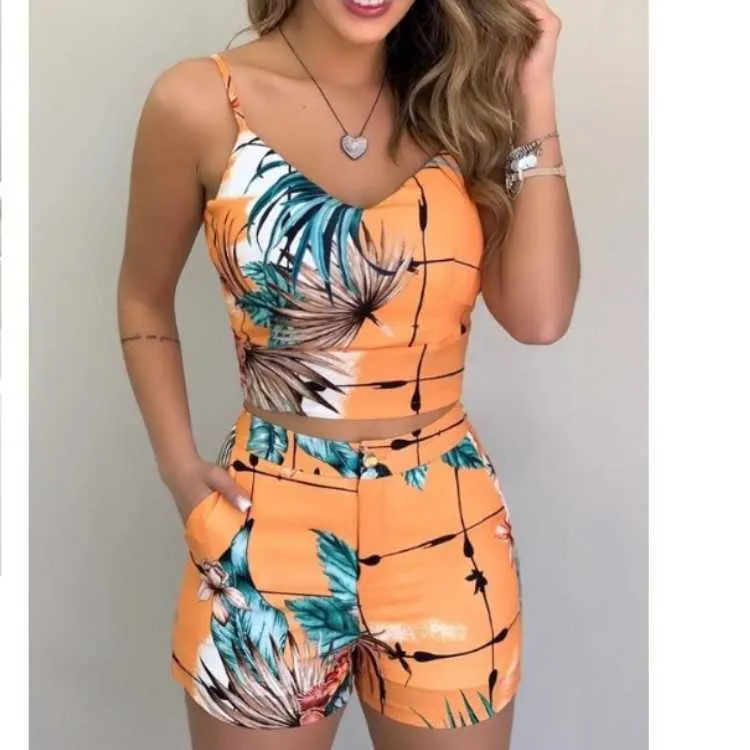 Two Piece Dress Women's Summer Print Halter Slim Suit Shorts For Women T240309