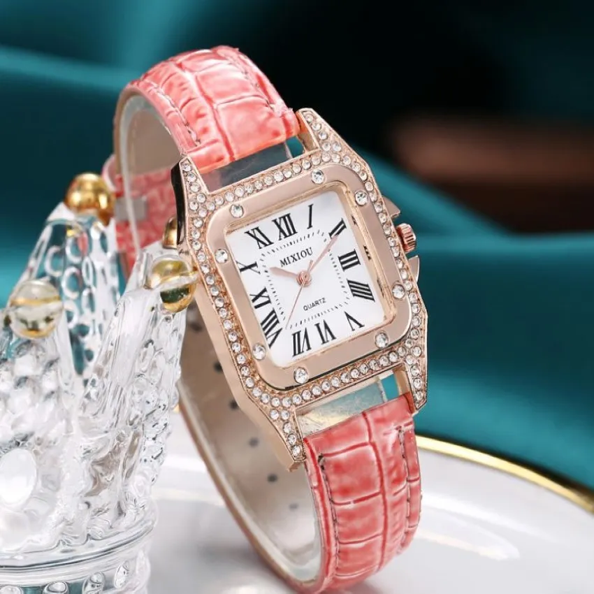 MIXIOU – montre connectée carrée en cristal et diamant pour femme, bracelet en cuir coloré, cadran de 30MM, à Quartz, Direct s333F, 2021