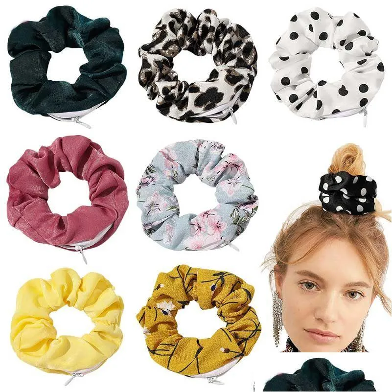 Hair Accessories 73 Color Pu Zipper Colour Headband Large Intestine Hair Ties Ropes Elastic Veet Band Girls Ponytail Pocket Scrunchies Dhtkk