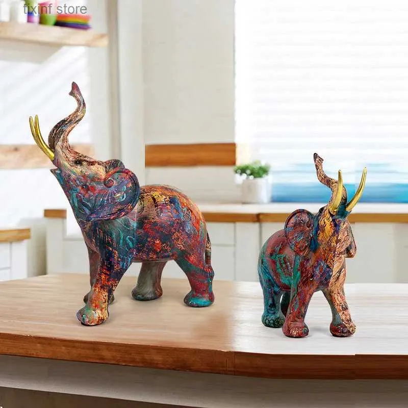 Obiekty dekoracyjne figurki doodle słonia wystrój posąg kolorowy wzór żywicy Zwierzęta biurko Splatter Art Elephant Statue Decor do kolekcji półki T24030