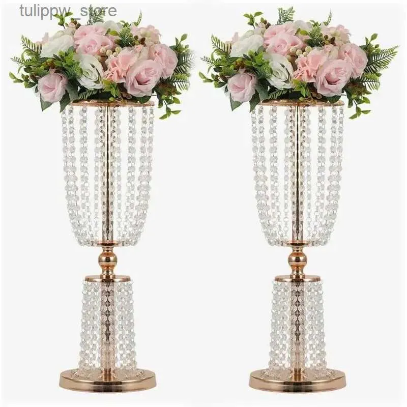Vases Vases dorés de 23.75 pouces pour centres de table, grand Vase en métal et cristal, supports de fleurs, lustre de pièce maîtresse de mariage pour réceptions L240309