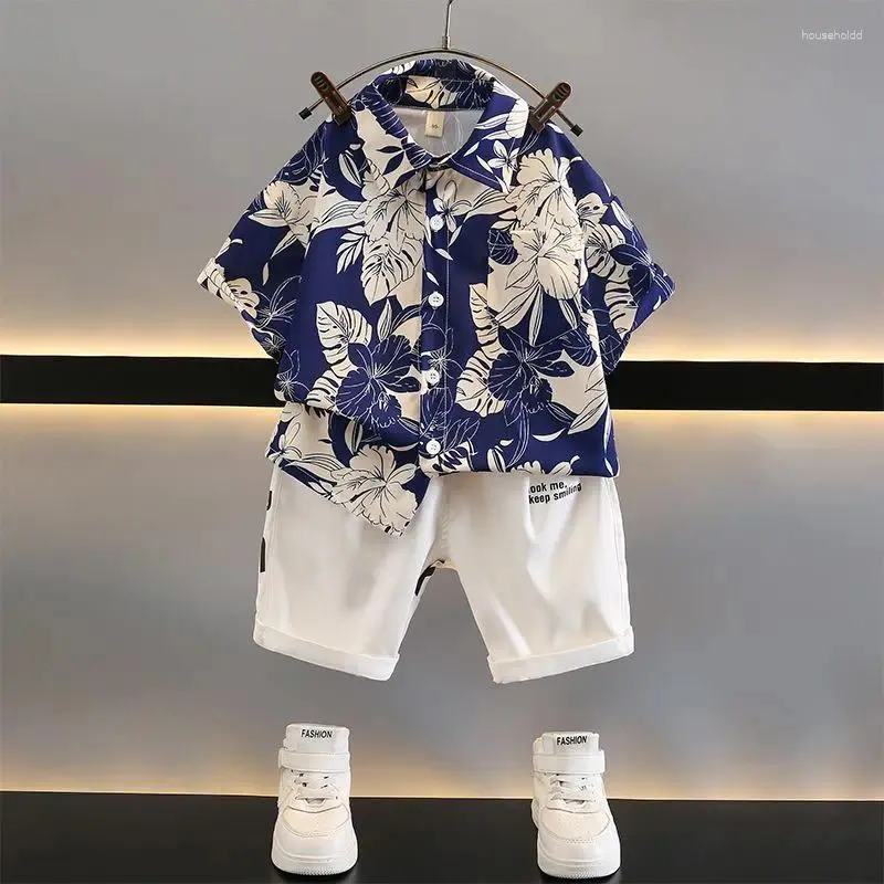 الملابس مجموعات الأولاد صيف طية صدر طباعة على تباين لون لطيف صف واحد متعدد الأزر