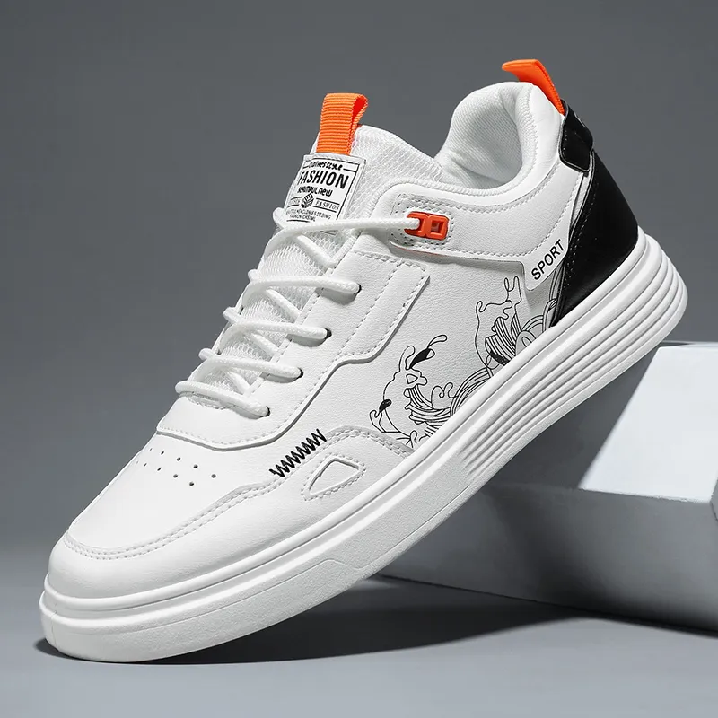 Men's Casual Sneakers, Breathable PU Leather Sports Shoes, Lightweight Flat  White Tennis Shoes for Hiking, Outdoor Walking