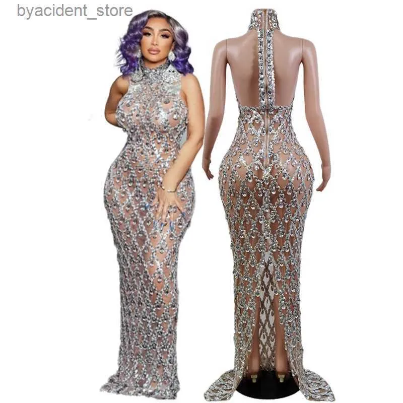 Robes sexy urbaines argent scintillant gros strass robe longue transparente soirée anniversaire célébrer luxueux venir danseur robe de bal clignotante L240309